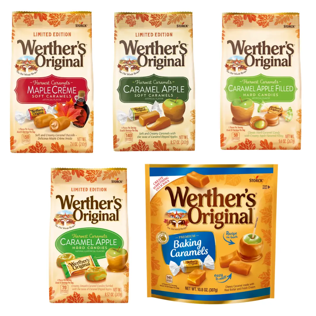Pack of 1-4 Options | Werther's Original Fall Caramels | Caramel Apple Filled, Caramel Apple Hard, Soft Apple, Maple Crème, Baking Caramels