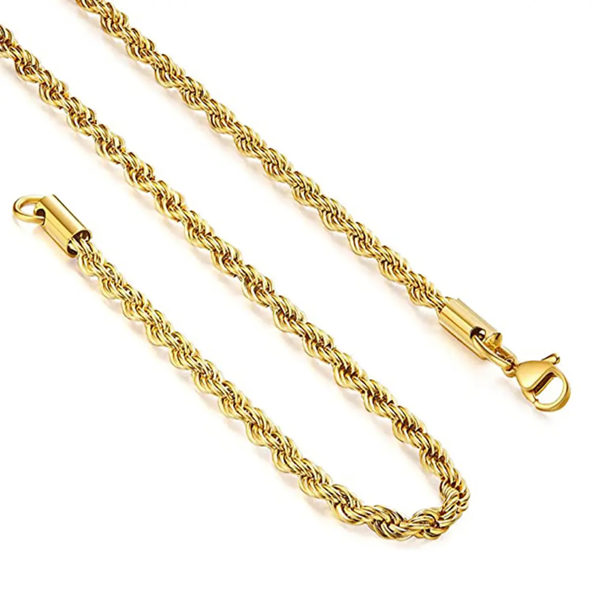 High Polish Twist Rope Chain Necklace for Men & Women, Sturdy Stainless Steel Hip Hop Jewelry in a Gold or Silver Finish, 2-5mm, 18-24 Inches, High Polish Adds A Polished Shine, Sturdy Steel For Long Wear, Gold Rope Chain Necklaces, Hip Hop Jewellery, Hyp