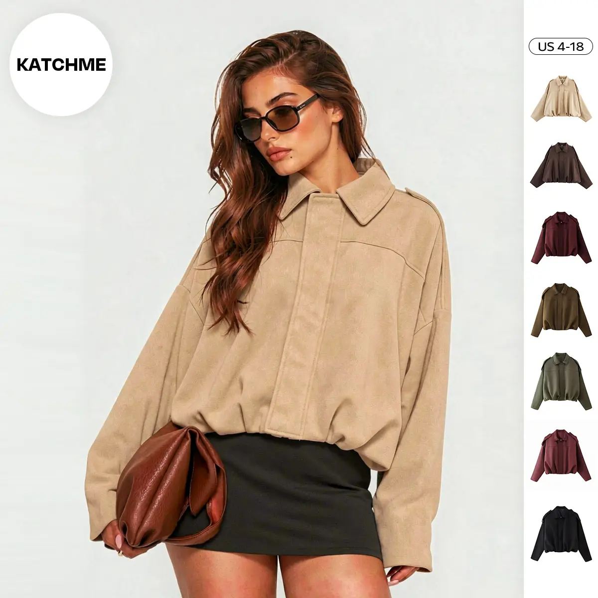 Katch Me Chic Women's Winter Vintage Solid Color Collared Zipper Long Sleeve Jacket, Cozy Versatile Oversize Outerwear, Fall & Winter Outfits, Epaulets Plain Cropped Jacket (2)