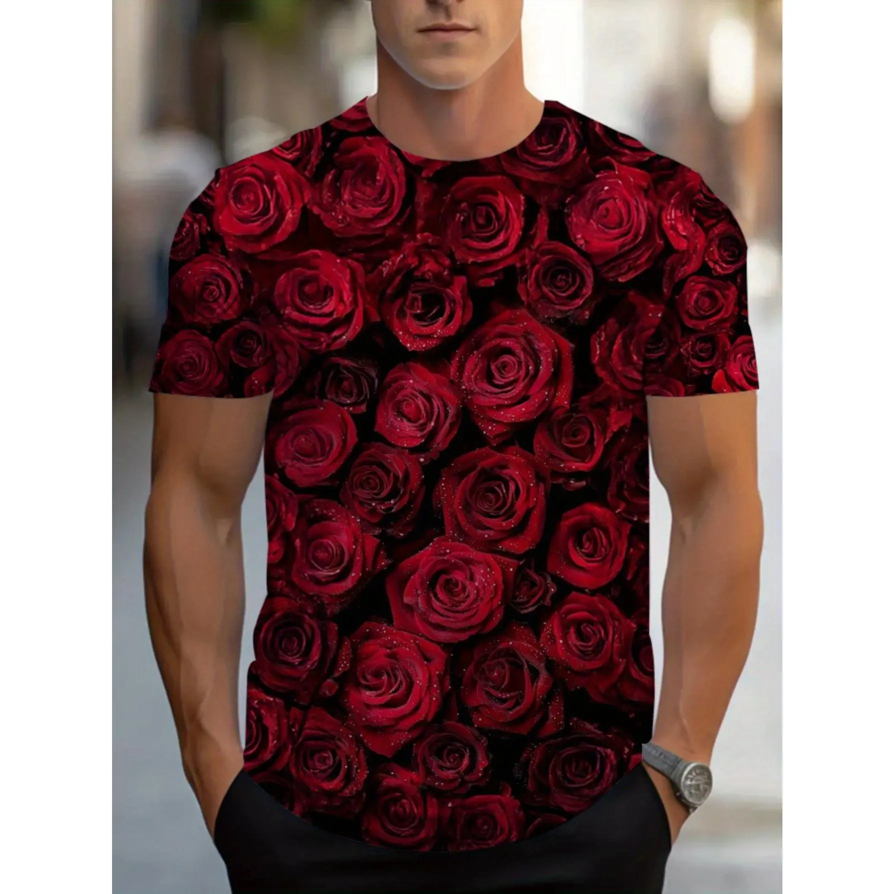 Men's Full-Body Rose Print 3D T-Shirt - Full-Body Red Rose Print, Lightweight Breathable Polyester Fabric, Modern Round Neck Casual & -Casual Wear Suitable for Everyday Use, Restaurants, Dates, Parties