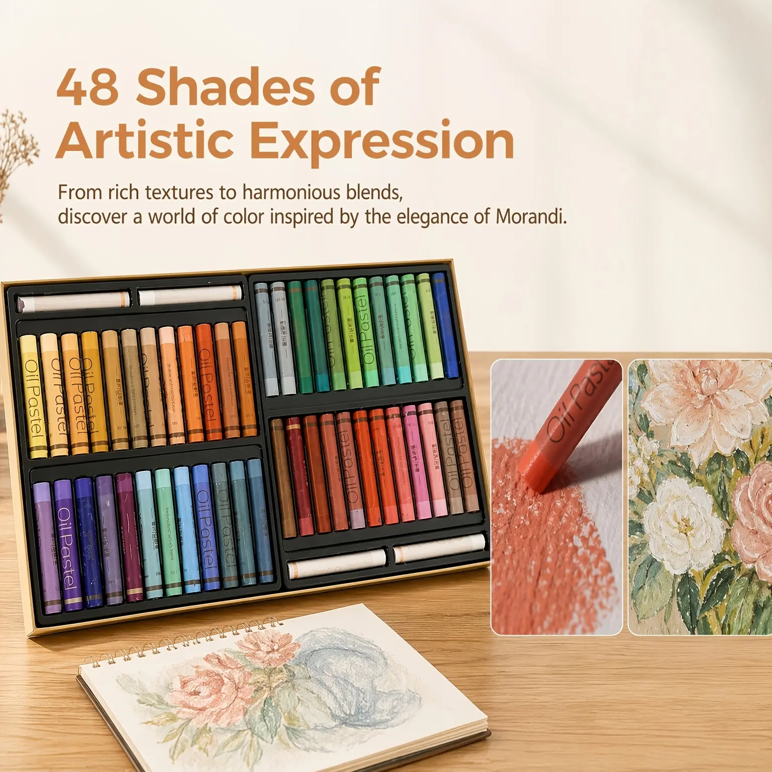 Artist Soft Oil Pastels Set - 48 High Saturation Solid Core Sticks with 4 Extra White Oil Pastels, Portable Cardboard Storage Box for Art Students, Hand-Drawn Illustration & Portrait Drawing, Extra White Sticks