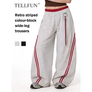 TELLFUN Y2K Baggy Wide-Leg Sweatpants with Side Stripes – Comfortable Casual Streetwear Joggers for Everyday Loungewear, Oversized Unisex Design bottom Pants