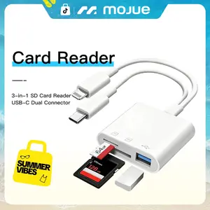 SD Card Reader for iPhone Android, Memory Card Reader Built-in Dual iOS & USB C Connector Card Reader with USB-A/SD/MicroSD 3 Slots, No Application Required Plug and Play