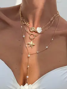 3-Piece Bohemian Style Metal Starfish and Seashell Pendant Necklace, Vintage Elegant Fashion Imitation Pearl Y-Shape Necklace Set for Women, Daily and Vacation Jewelry, Fashion Chic Accessories