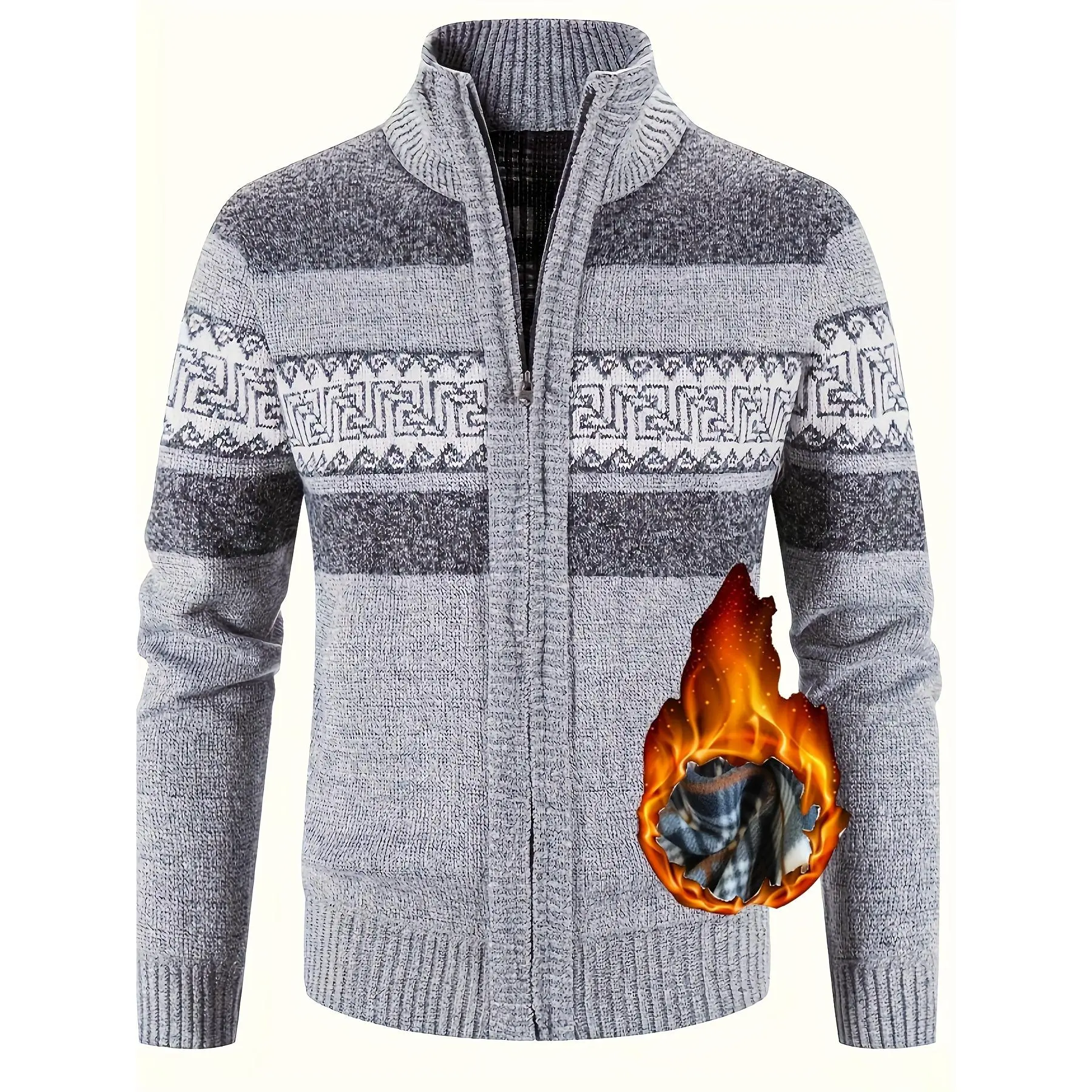 [Thermal Fleece Sweater] Thermal Fleece-Lined Men's Sport Knit Sweater |   Long Sleeve, Zipper Pockets, Ethnic Wave Pattern, Stand Collar for Hiking, Cycling & Casual Winter Wear, Father’s Day Gift
