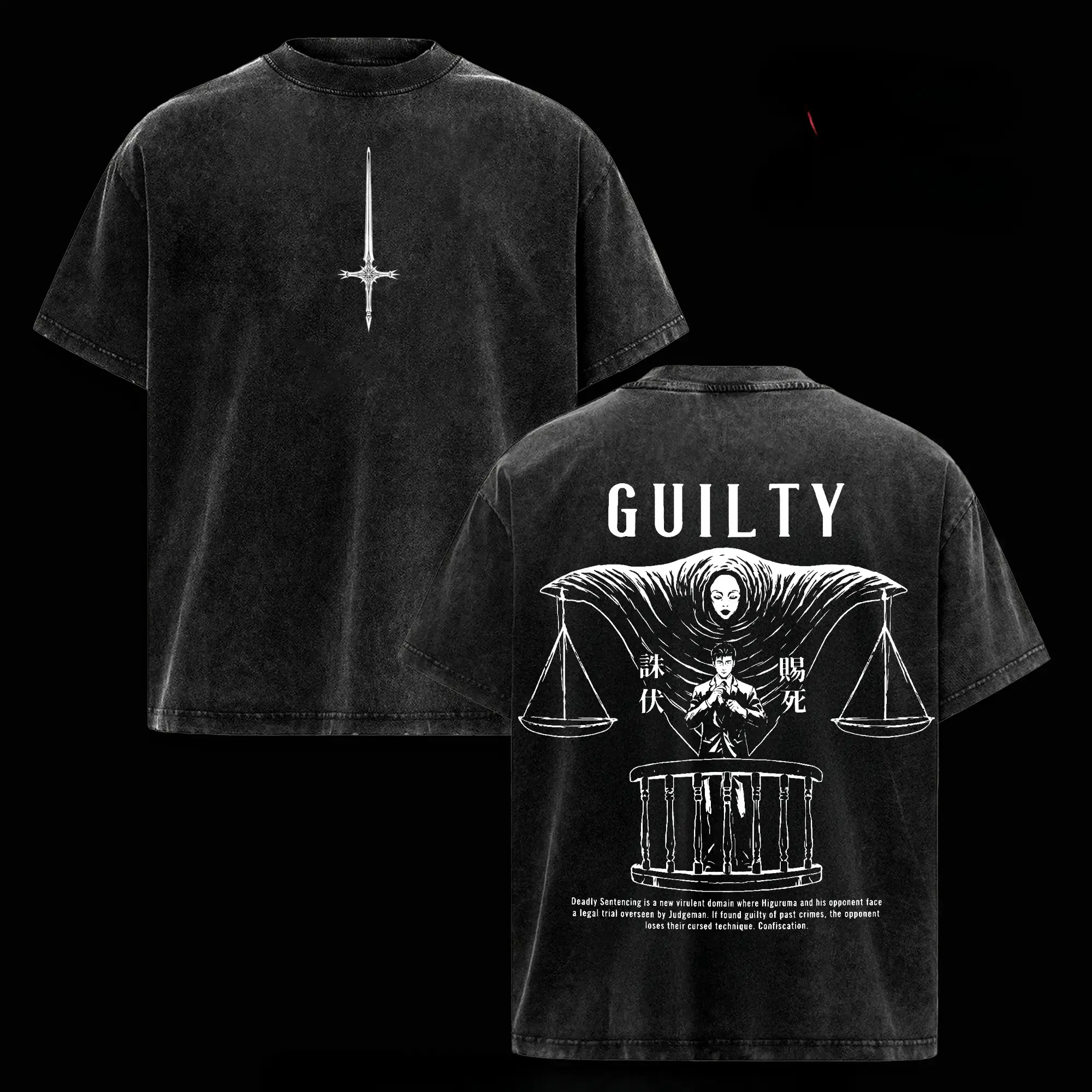 Men's Thick Short-Sleeve T-Shirt Top - Jujutsu Kaisen Hiromi Higuruma Deadly Sentencing Bold Graphic, Judgeman Domain Expansion Anime Print Double-Sided Vintage Washed Oversized Soft Cotton Unisex Casual Streetwear Round Neck Apparel