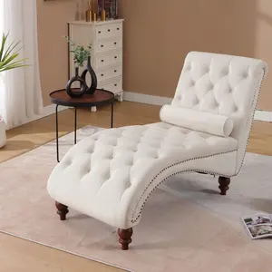 Chaise Lounge Chair Indoor, Button-Tufted Lounges Chair for Bedroom with Solid Wood Legs & Support Pillow Nailhead Decor Armless Leisure Sofa Recliner for Living Room Office (Navy)