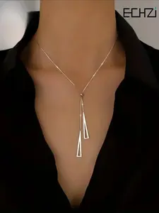 S925 Sterling Silver Adjustable Geometric Triangle Pendant Necklace, Elegant Style Y Shape Necklace, Minimalist Vacation Style Accessory, Statement Necklace