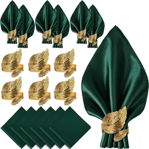 12-Piece Napkin Set & Leaf Napkin Rings, 6-Pack, 17x17 Satin Square Tabletop Decor, Decorative napkins, Personalized Wedding Shower Party Supplies, Tableware