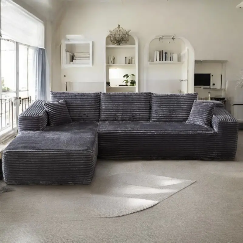 Grey Plush Corduroy Left Chaise