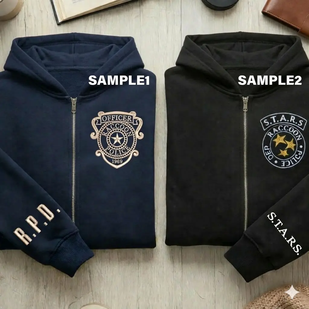 Resident Evil Zip-Up Jacket-Hoodie, RE1 Jill Embroidered, RE2 Leon Kennedy Embroidered, Cozy Gamer Gift