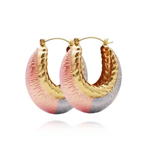 18k Layered Real Gold Filled round bamboo hoop earrings tri colors #67