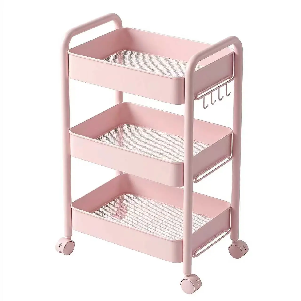 Pink 3-Tier Metal Mesh Rolling Utility Cart | Multi-Purpose Mobile Storage Organizer for Home Office, Beauty & Kitchen