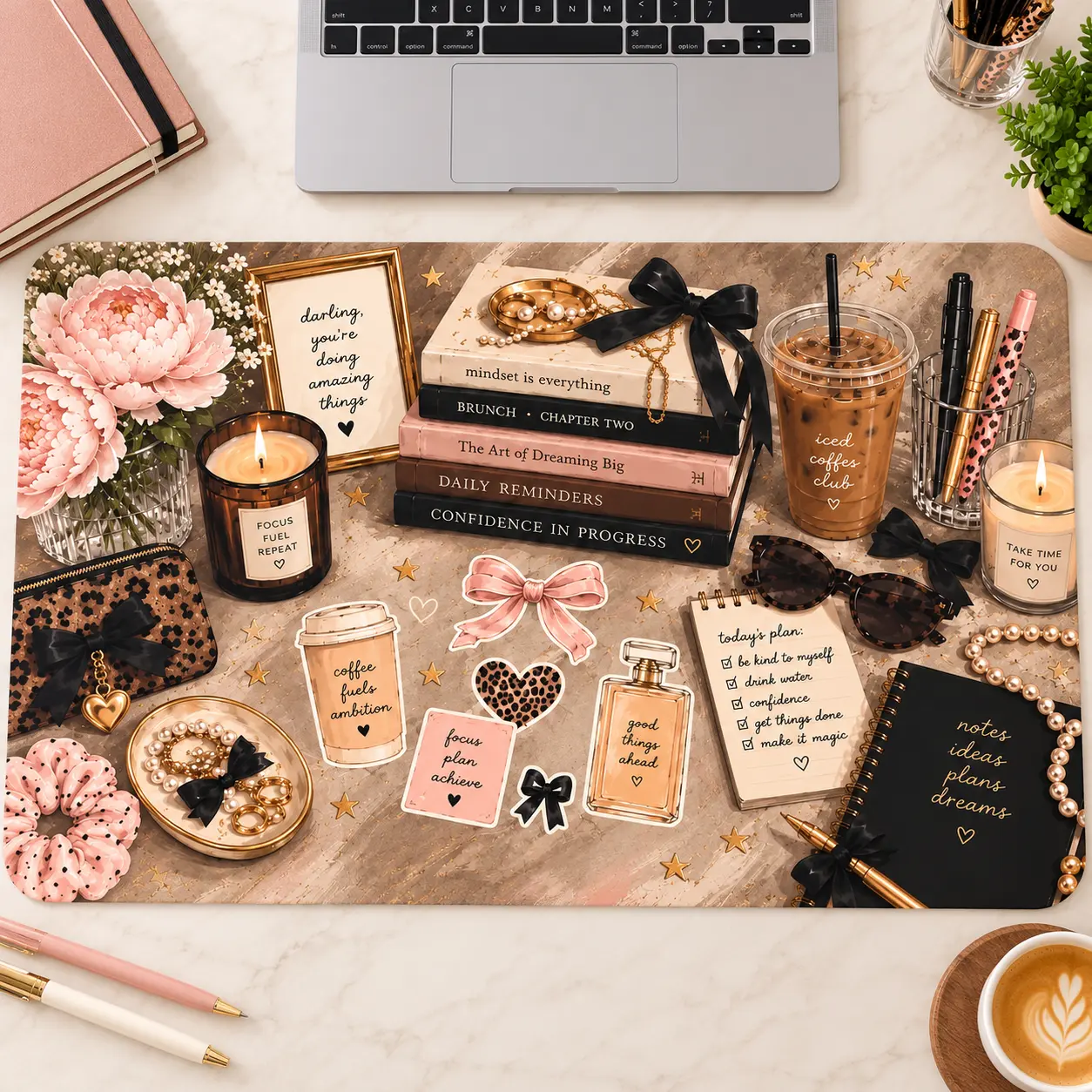 Pink Floral Desk Mat, Coquette Aesthetic Extended Desk Pad with Coffee Books Bows and Leopard Print Design, Cute Girly Office Desk Decor, Non Slip Keyboard Mat for Home Office Workspace, Gift for Women, Girls and Coffee Lovers