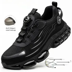 Men's Steel Toe Puncture-Proof Work Safety Sneakers with Rotating Button Closure - Breathable Mesh & Fabric Lining, Non-Slip Rubber Sole - Lightweight Summer Industrial Shoes for Warehouse, Steel Toe Shoes, Workplace Worker Closed steel toe shoes