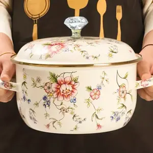 1pc Enamel-coated Thick-walled Double Handle Pot, High-temperature Resistant Ste
