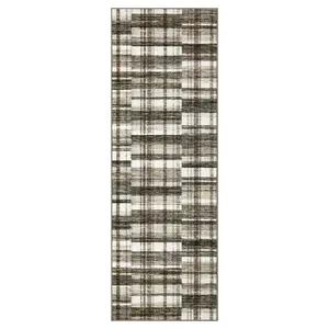 【Christmas Gift】2 x 6 ft Polyester Brown Beige Rectangular Hallway Entryway Bathroom Kitchen Geometric Checkered Beige Modern Machine Washable Runner Rug