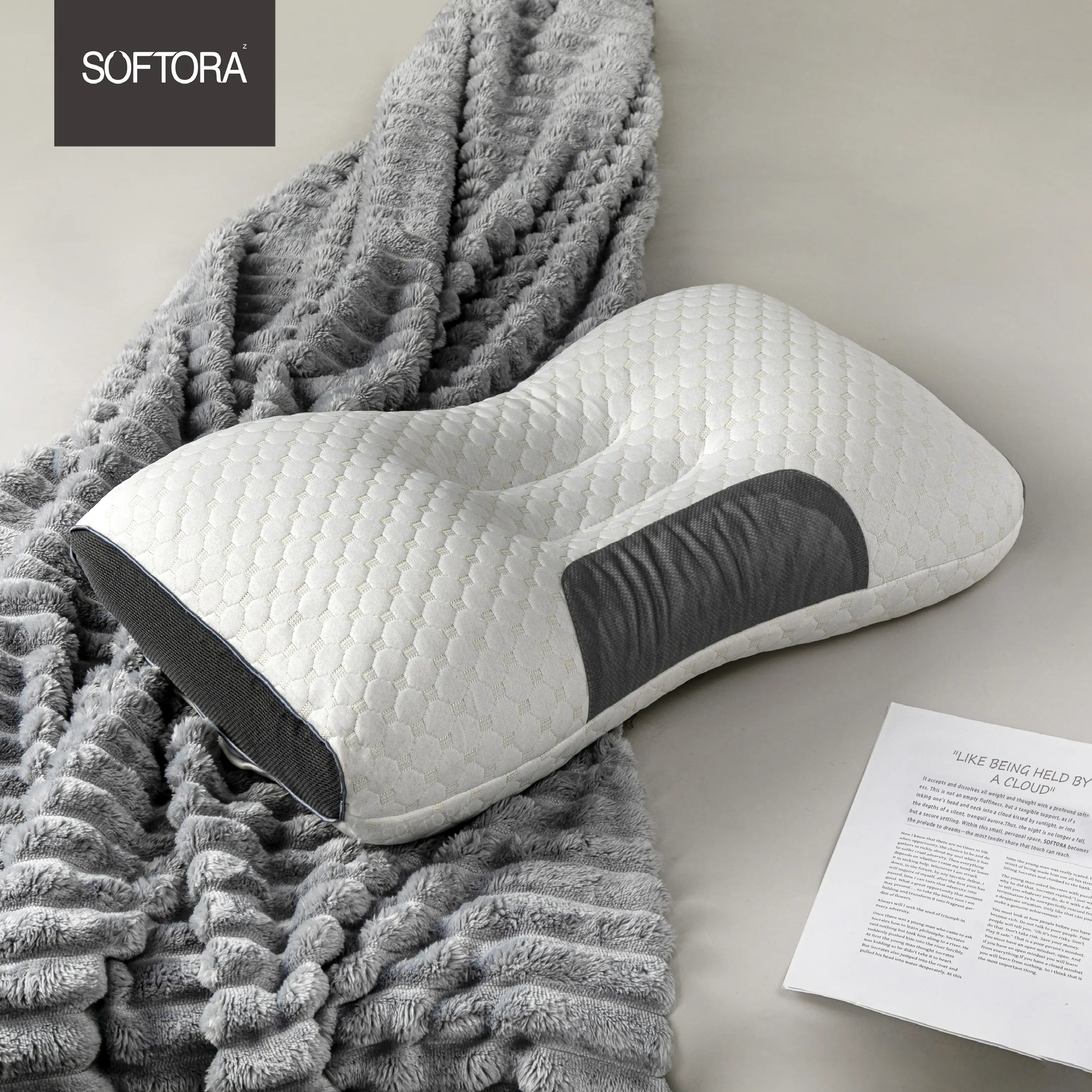 SOFTORA Couple Sleep Aid Massage Pillow - Ergonomic Contoured Cervical Neck Pillow with Sweat-dry Mesh, Dry-fast Knit, Flat Look, Firm Support for Back Sleepers, Neck Pain Relief, High-Resilience, Plush Soft, Breathable