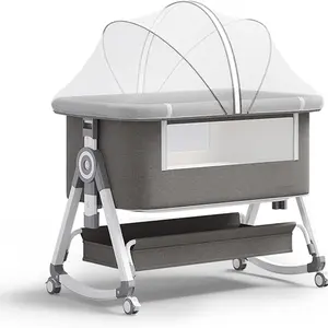 3 in 1 Baby Bassinet, Bedside Bassinet for Baby, with Comfy Mattress and Wheels, 6 Height Adjustable Easy Folding Portable Bedside Crib for Newborn Rocking Remote Control Bassinet with Wheels Multi-Functional diaper changer neutral storage basket boy