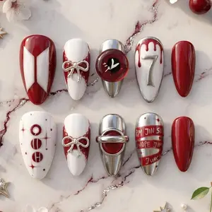 jasonj.nail Red Silver Stage Press-On Nails, Metallic Chrome Detail with Bold Number Accent, Glossy Deep Red Base, Concert Inspired Aesthetic, Statement Glam Nail Art, Custom Handmade Set