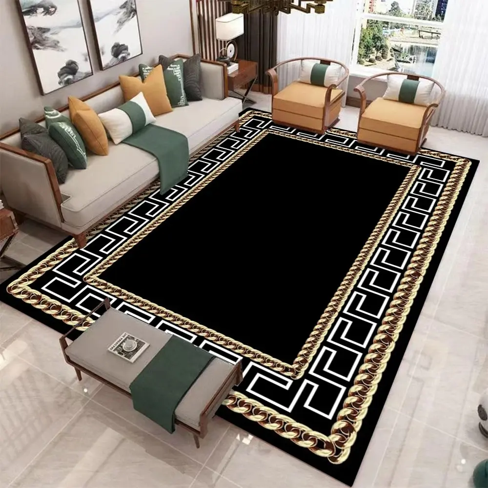 Luxury Black & Gold Greek Key Geometric Pattern Flannel Decorative Area Rug - Oversized Soft Plush Mat for Living Room & Bedroom, Non-Slip Modern Home Decor Geometric Design Rug #LuxuryGreekKeyRug #ModernHomeDecor #FlannelMat #NonSlipRug