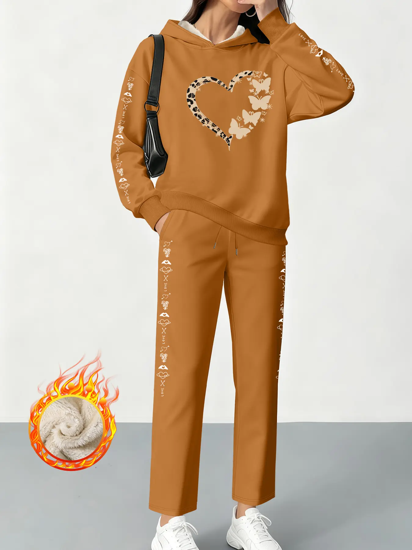 Women's Fleece Lined Long Sleeve Pants Set, Leopard Heart & Butterfly Print Hoodie & Straight Leg Pants, Casual Fall Winter
