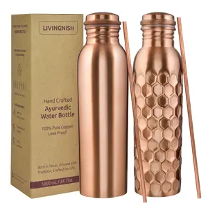 Pure Copper Water Bottle, 8 Pcs Set CLHN(2 Bottle, 2 Straw,2 Extra Silicon Ring and 2 Cloth bags)