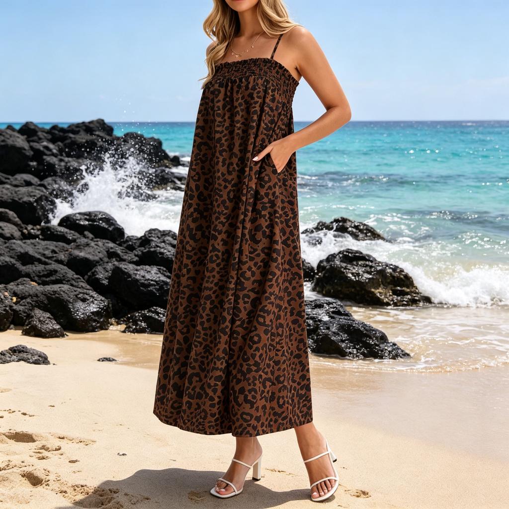 Wodubu Women's Casual Polka Dot Maxi Dress - Lady's Fashionable, Comfortable Spaghetti Strap Smocked Loose Beach Vacation Dress with Pockets