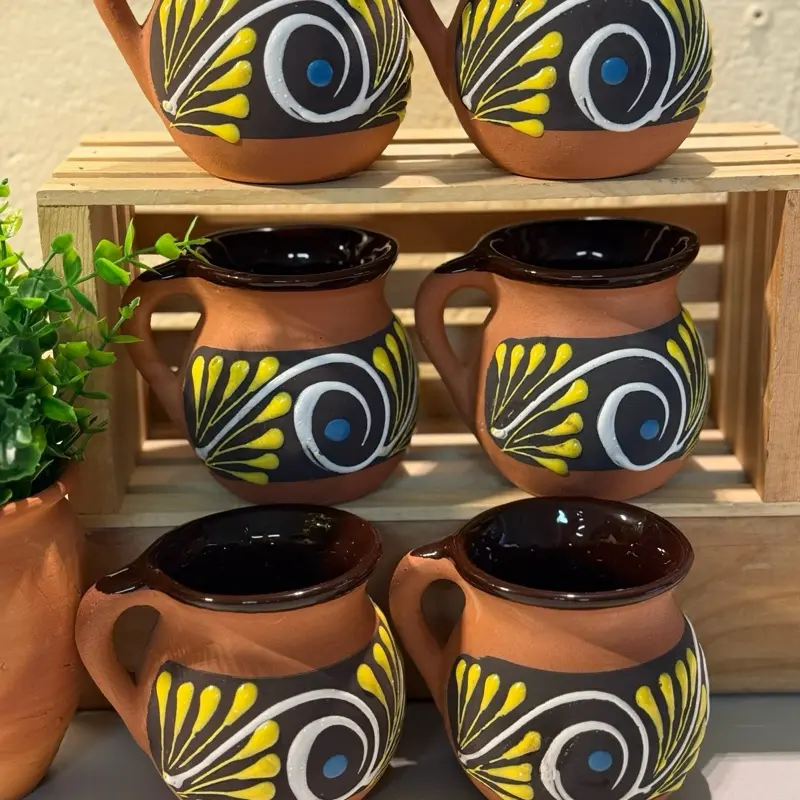 Jarritos de Barro Made in Mexico 350ml 6pc Set Mexican Coffee Cups Reusable Lead Free Handcrafted Artistic Design