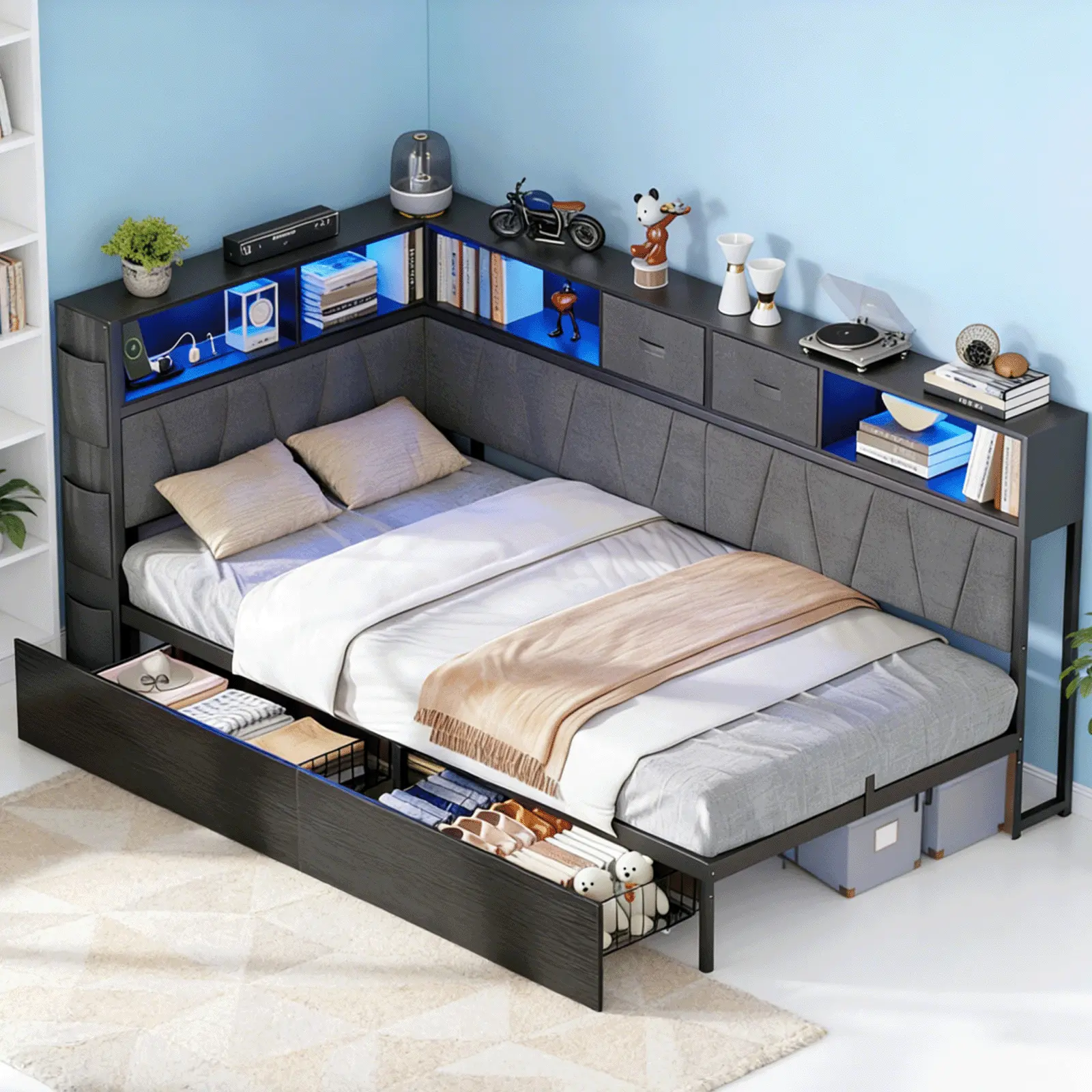 CollaredEagle Interior Furniture — Bed frames, Twin XL corner bed frame with storage bookcase, kids’ bed unit with charging station and LED light, twin platform beds with storage and charging station, each with two drawers underneath.