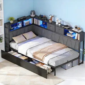 CollaredEagle Twin XL Corner Bed Frame with Storage Bookcase, Kids Bed Unit with Charging Station and LED Light, Twin Size Platform Beds with Storage and Charging Station, with 2 Underneath Drawers