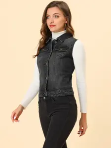 INSPIRE CHIC Buttoned Collar Cotton Washed Denim Vest Jacket W Chest Flap Pockets