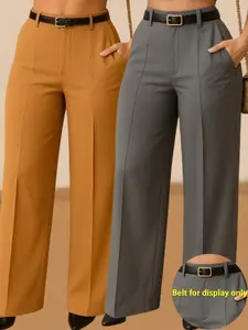 Women's Elegant Minimalist Solid Color High Waist Straight Leg Casual Everyday Pants Set, Fitted Commuter Long Pants Without Belt, All Seasons