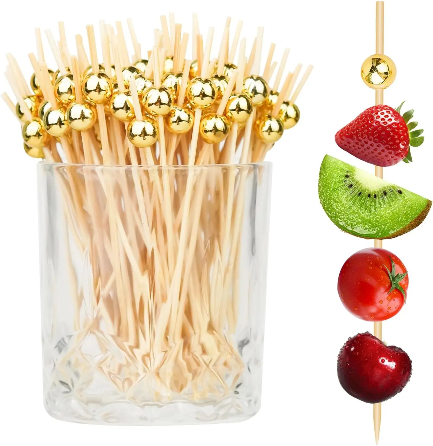 200PCS Disposable Bamboo Cocktail Picks with Gold Ball, 4.7" Decorative Appetizer Toothpicks for Charcuterie Boards, Party Decorations, Kitchen Utensils & Gadgets