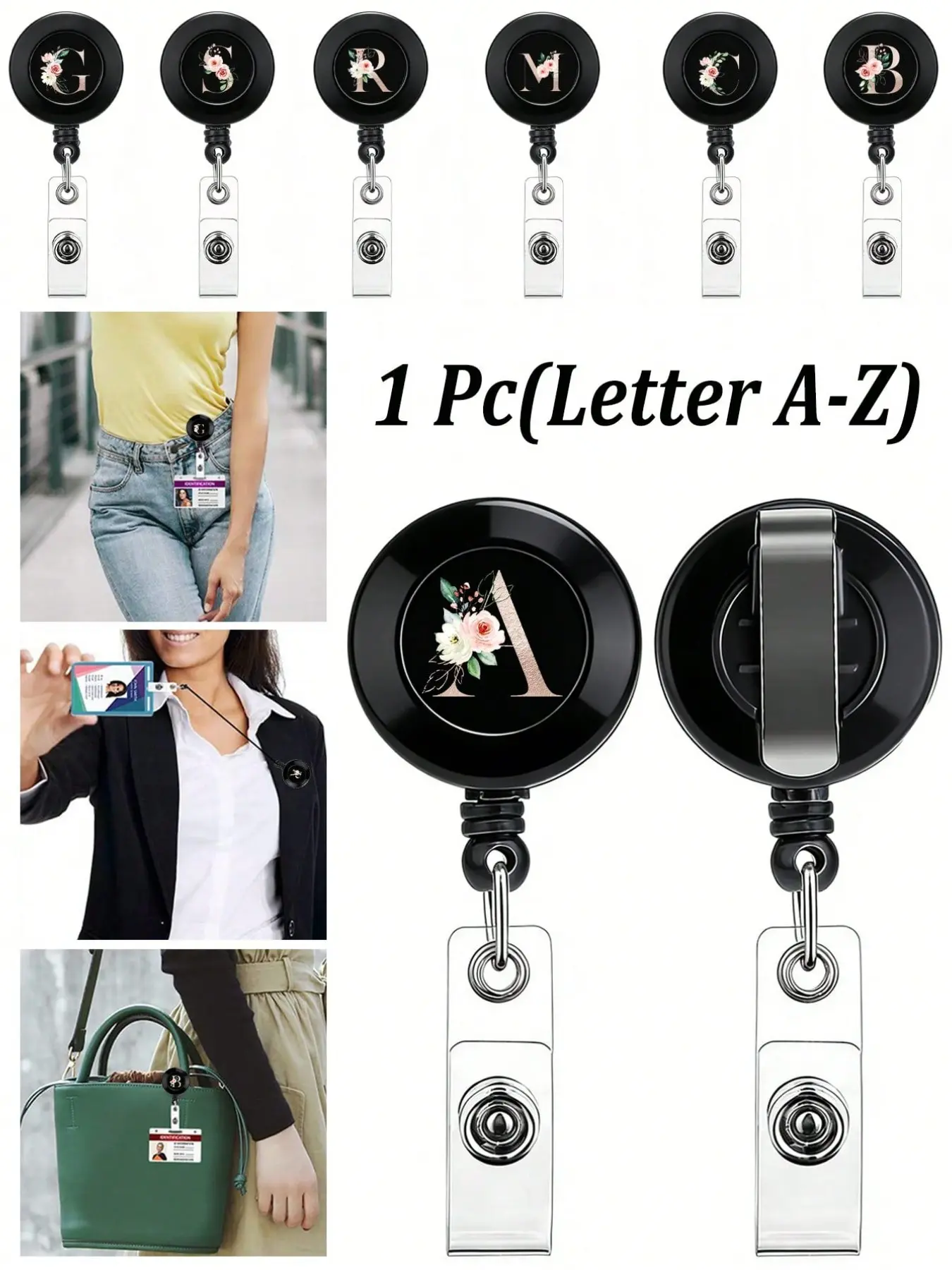 Personalized retractable badge holder with rose gold floral A-Z letter print, black badge holder and retractable reel, anti-theft card holder with retractable reel, nurse badge reel, office name badge reel