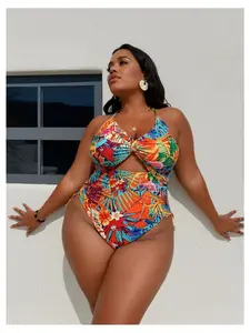 Plus Size Swimsuit Women Halter One Piece - Tropical Print Bathing Suit Adjustable Side Ties Tummy Control Swimwear for Curvy Figure 12-28