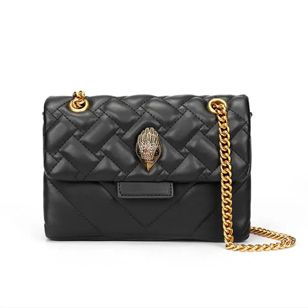 Kurt Geiger Eagle Head Quilted Shoulder Bag, Women Diamond Quilted PU Leather Flap Crossbody Bag, Fashion Crystal Eagle Chain Handbag