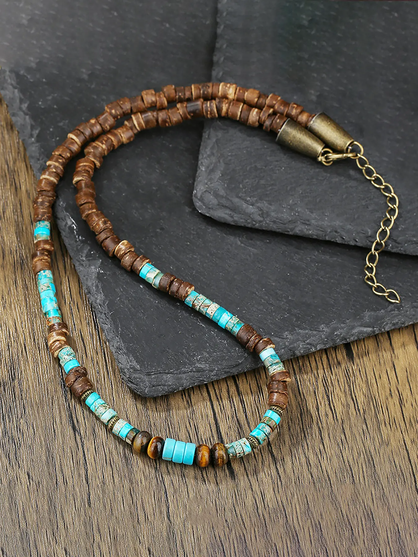 1PC Men's Ethnic Boho Style Black Wooden Beaded Bohemian Necklace for Men Tribal Tiger Eye Stone Beads Surfer Chunky Necklace Man Jewelry Adjustable Beaded Design