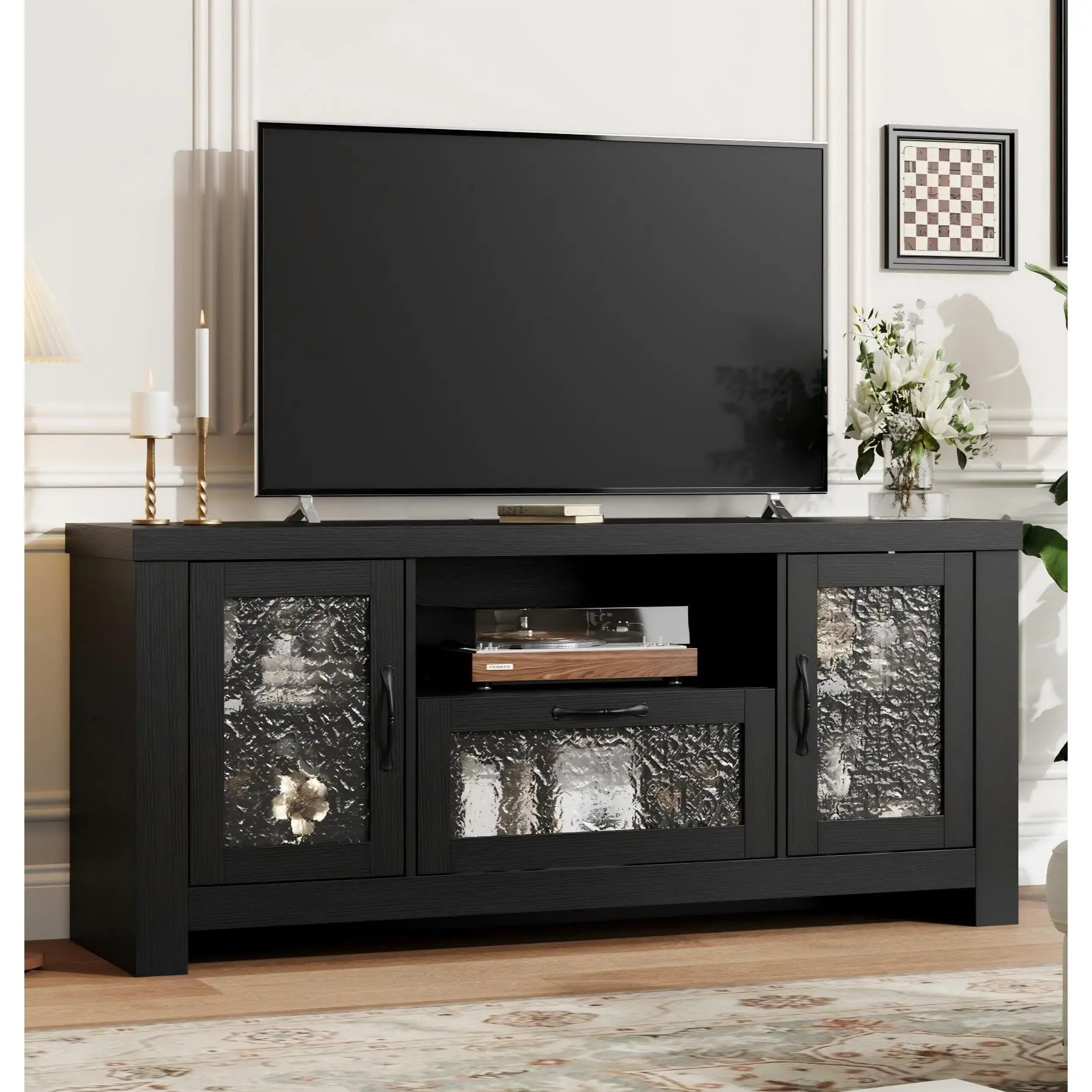 Garvee Entertainment Center for 65 Inch Screen, Farmhouse Style Console Table with Acrylic Door Storage Cabinet and Adjustable Shelves, Suitable for Living Room and Bedroom, Black Finish