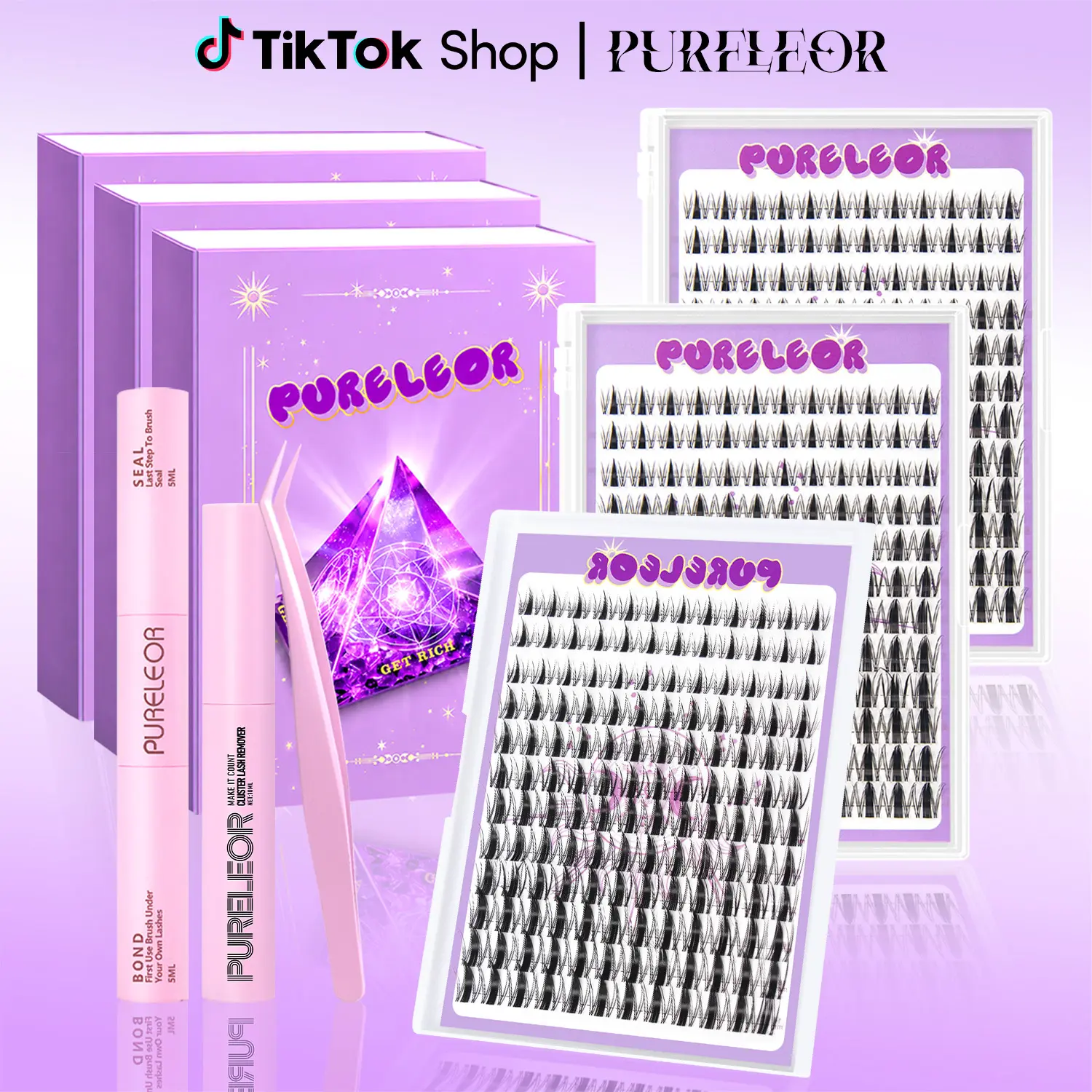 PURELEOR Wet-Style Lash Clusters Kit Mixed 10-12-14-16mm Fairy Eyelash Cluster Individual Soft Comfortable Clear Band Extensions for Natural Looklashes Kit with Waterproof Lash Bond and Seal&Glue Remover&Applicator