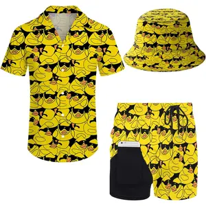 beach wear for men high-quality fabric two piece outfit Mens 2 Piece Tracksuit Hawaiian Button Down Shirt and Compression Liner Shorts Sets with Bucket Hats