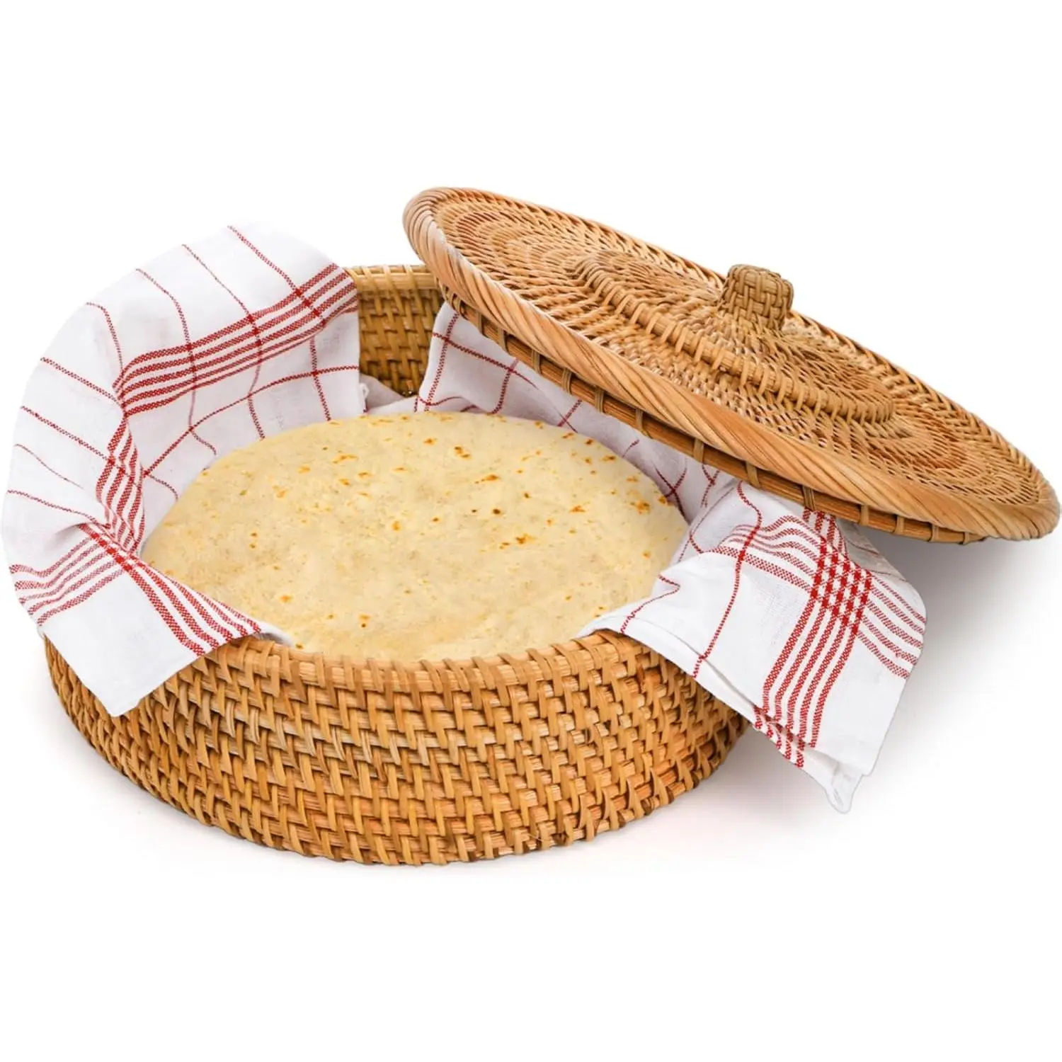 Rattan Tortilla Warmer, 10 Inches Handcrafted Tortilla Holder Basket with Removable Lid, Taco Shell Storage Container with Towel Cloth for Pancake Bread Mexican Party Taco Tuesday