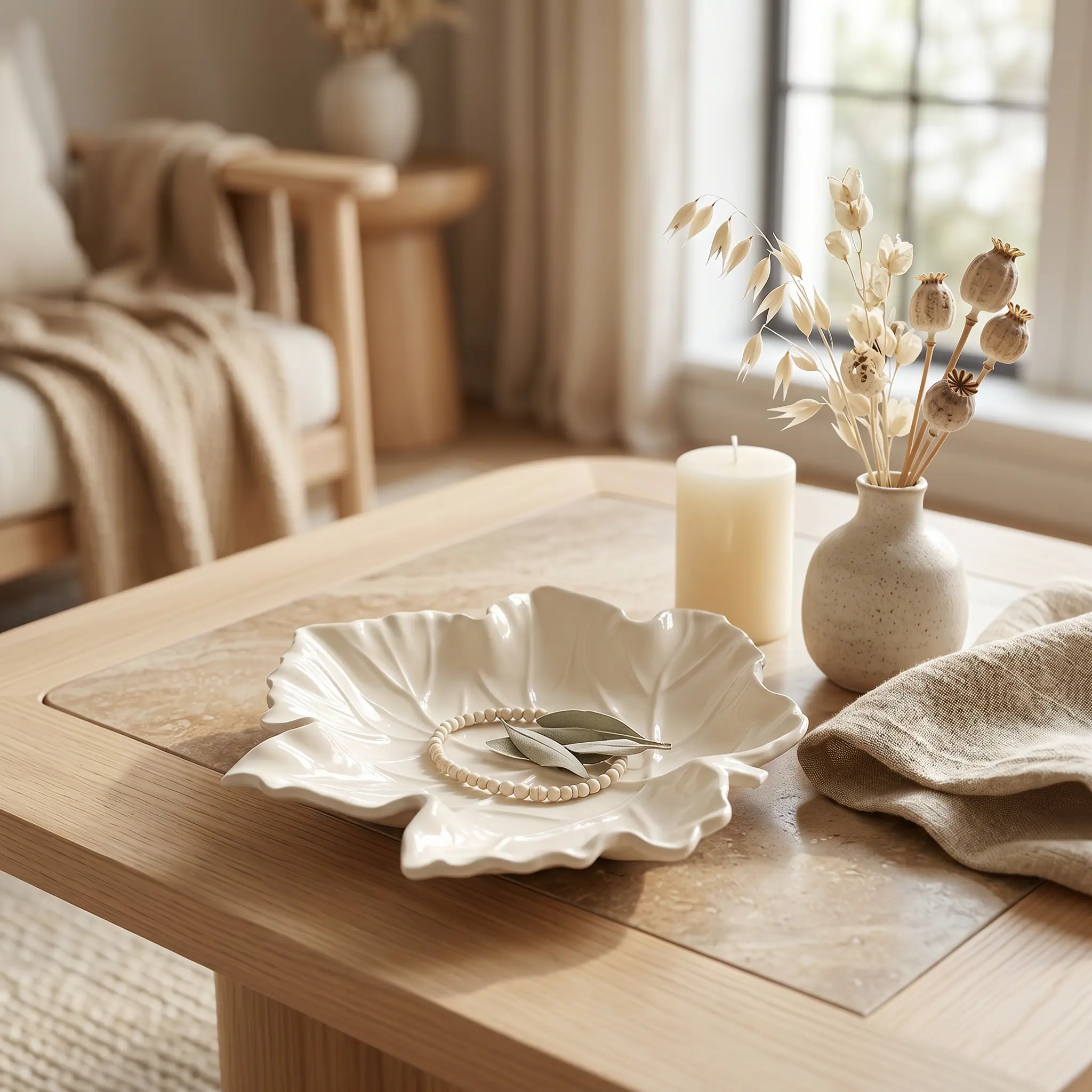 Maple Leaf Tray, Gypsum White 6" Lightweight Pottery Dish | Unique Home Decor Item | bathroom accessories | coffee table tray | candle holder