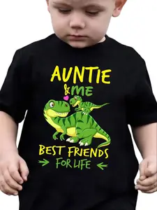 PUEMCO Toddler Boys Cotton Funny Graphic Shirt - Soft Short-Sleeve Tee, "Auntie & Me Best Friends For Life" Slogan, Dinosaur Design, Cute Aunt-Nephew Matching Top