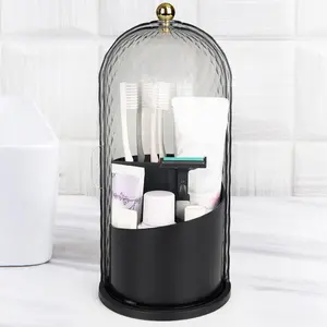 Toothbrush Holders with Sliding Lid, Rotating 3 Slots Bathroom Organizer Countertop, Tooth Brush Toothpaste Holder Bathroom Counter Stand Caddy for Vanity Makeup Brushes Holder (Black)