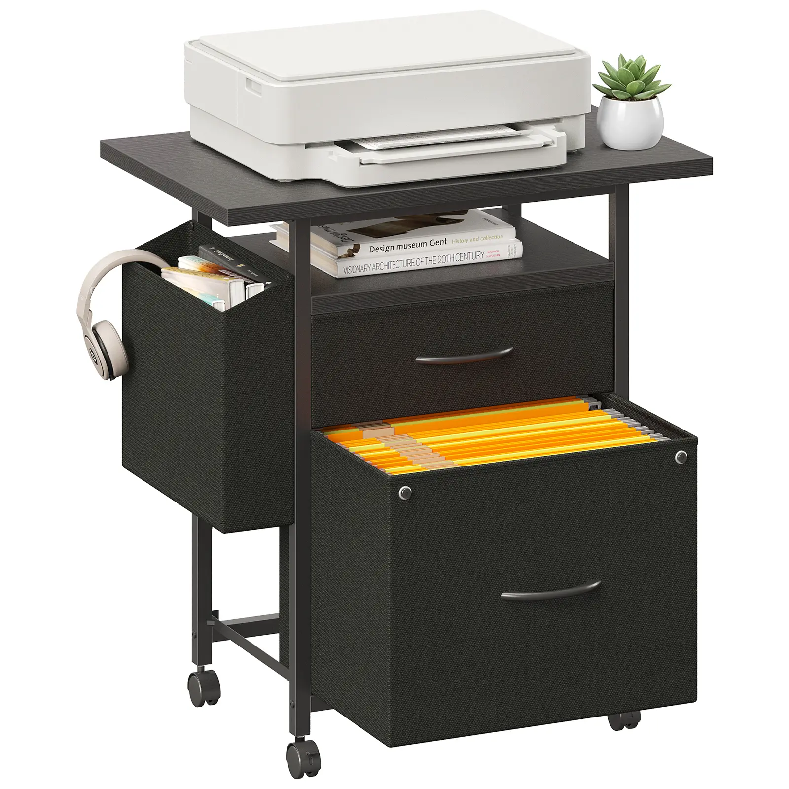 Sweetcrispy S - 2 Drawer File Cabinet with 24'' Extended Desktop, Mobile Filing Cabinet, Rolling File Cabinet with Side Bag, Fabric Drawer, Fits A4/Letter Size, Printer Stand Home Office