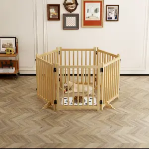 (6 Panel) Wooden Freestanding Dog Gates for The House,Dog Gates for Doorways, Stairs,Wood Dog Fences Indoor Pet Gate,Step Over Fence - 6 Panel 31"H