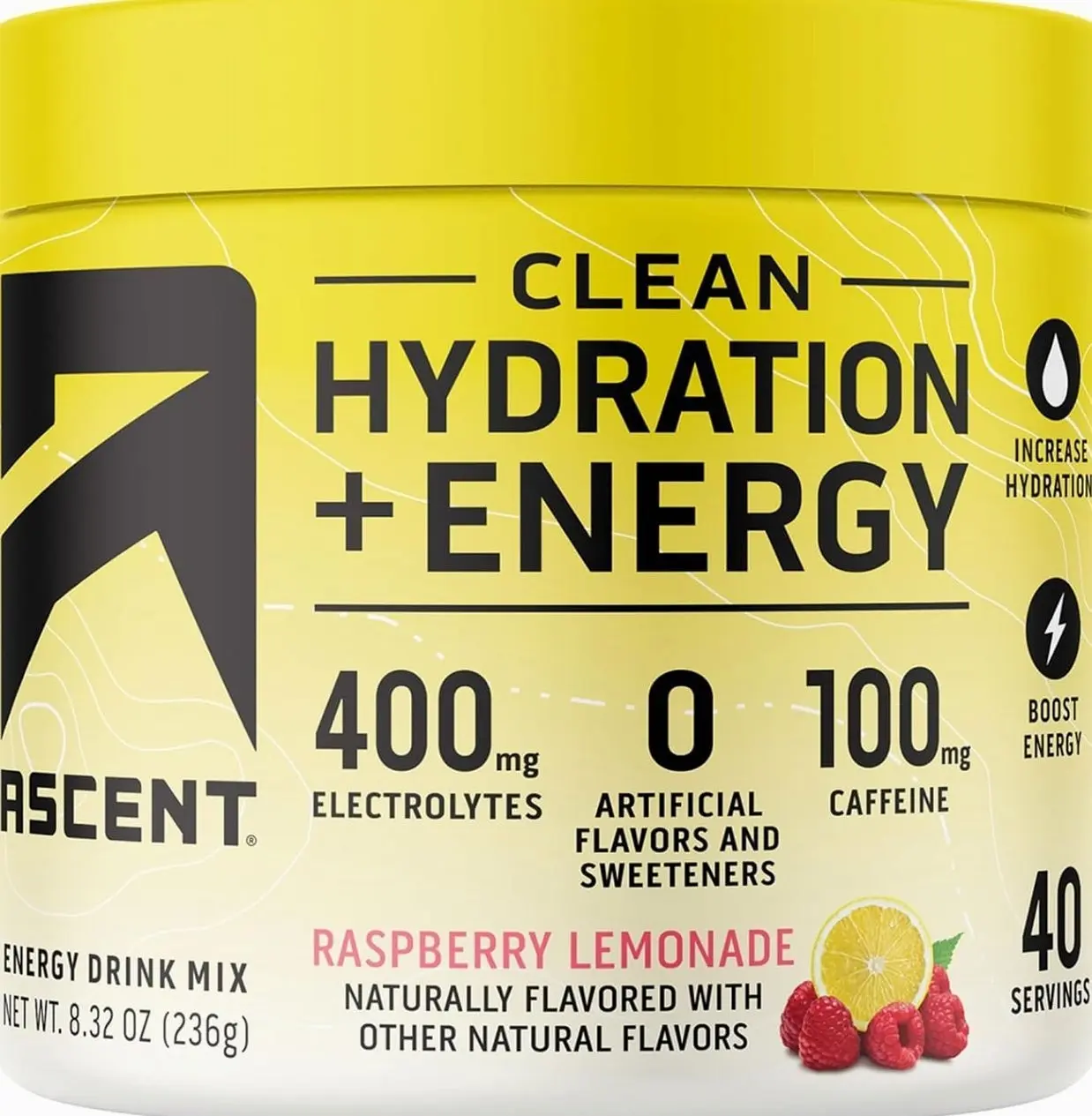 Ascent Clean Hydration + Energy Electrolytes Powder - 100mg Caffeine, 400mg Electrolytes, No Artificial Ingredients, Raspberry Lemonade 40 Servings