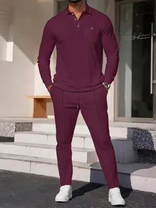 Men's Christmas Gift Set, Friday Two-Piece Outfit, Fall Winter Waffle Knit Suit, Casual Drawstring Pants, Elastic Waist Jogger Style