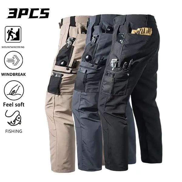 Men’s Casual Long Loose Cargo Pants 3-Pack - Black+Khaki+Dark Gray, Multifunctional Tool Pouch, Multiple Storage Compartments, 3D Pockets, Windproof, Skin-Friendly, Breathable Fabric, Ideal for Hiking, Camping